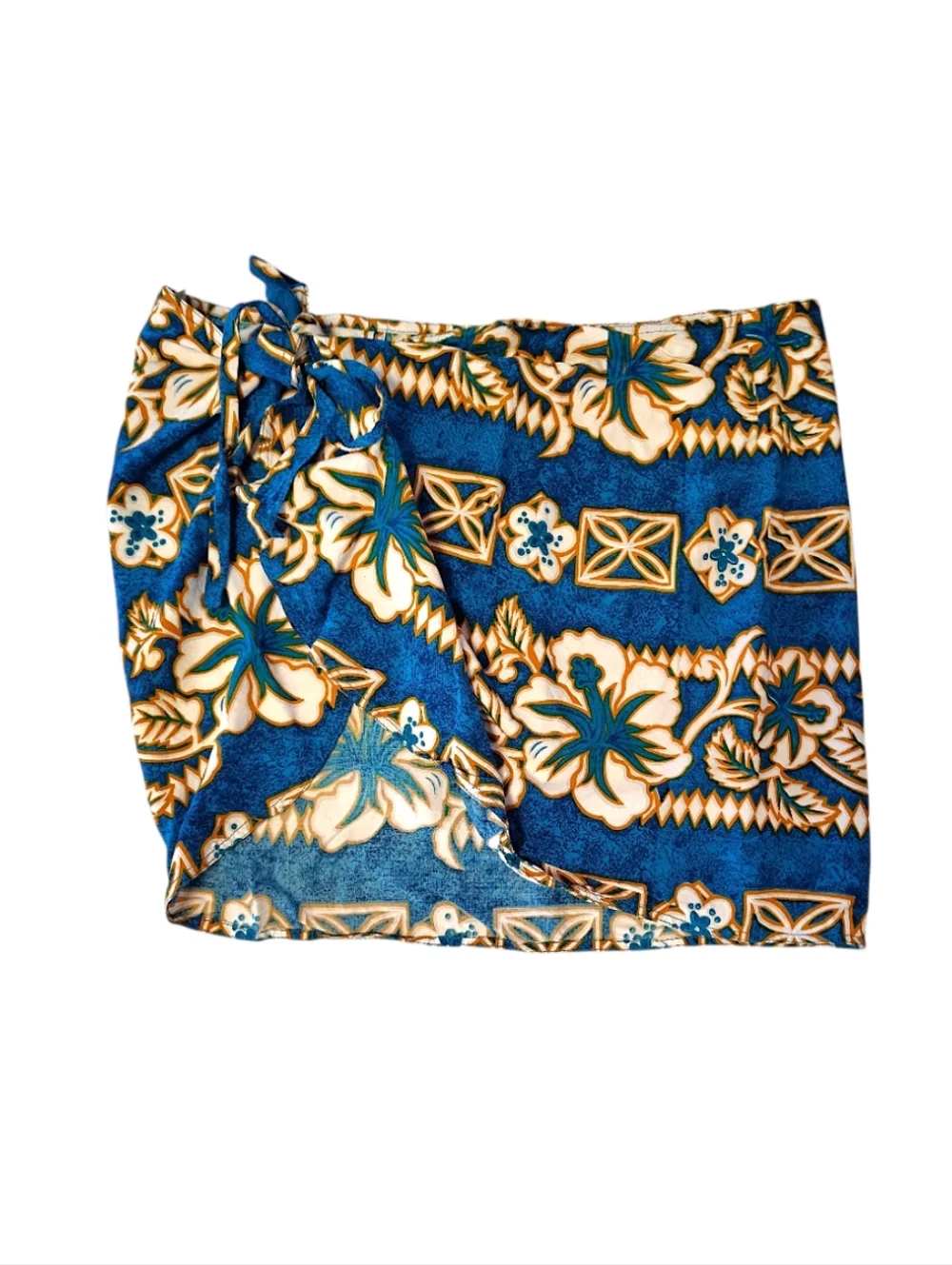 VTG Blue Gold Hawaiian Two Piece Top & Wrap Skirt‎ Cover Up Swim Set *One Size